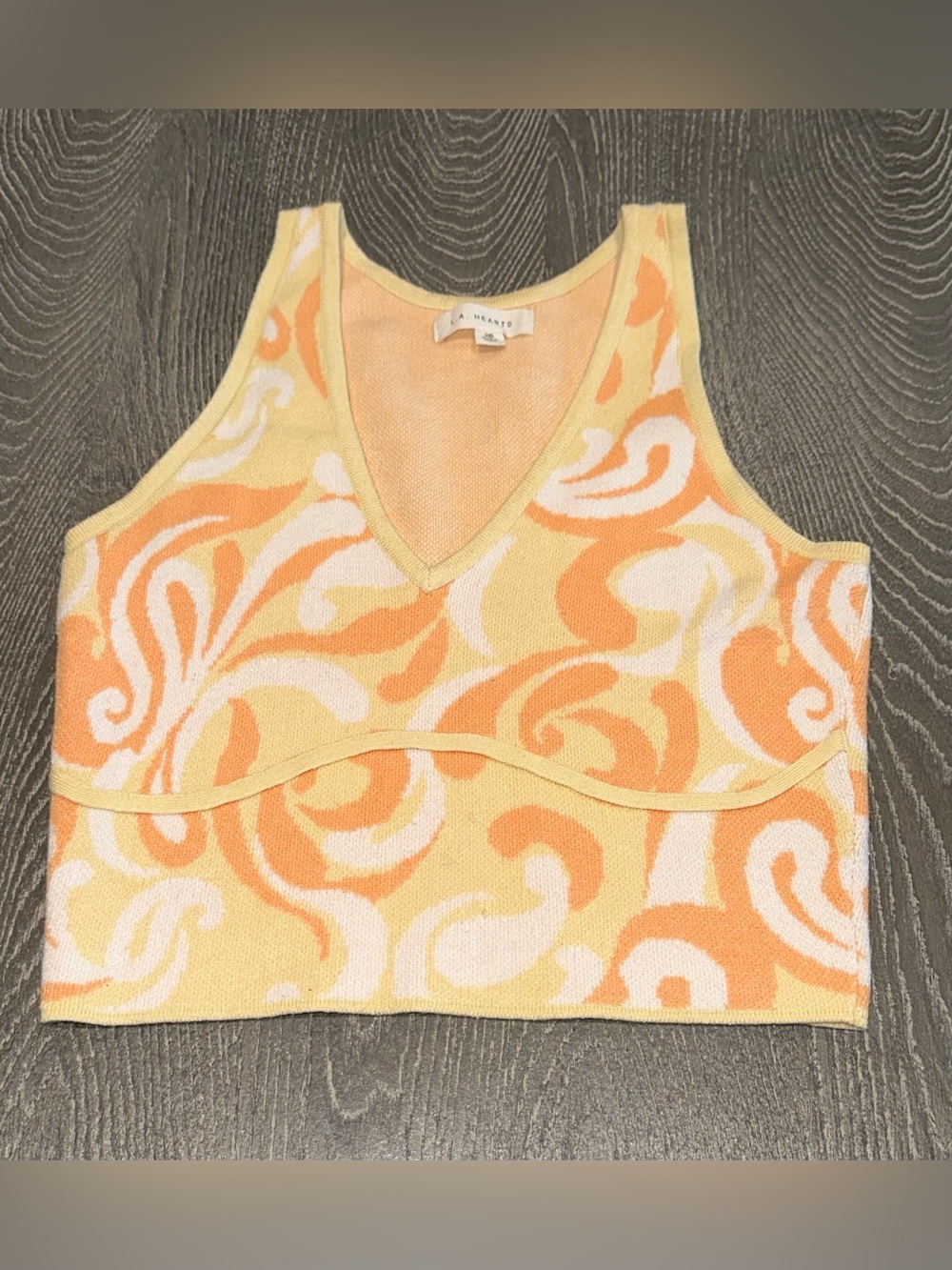 PACSUN L.A. Hearts Knit Crop Top Sleeveless V-Neck Yellow Orange White swirl XS